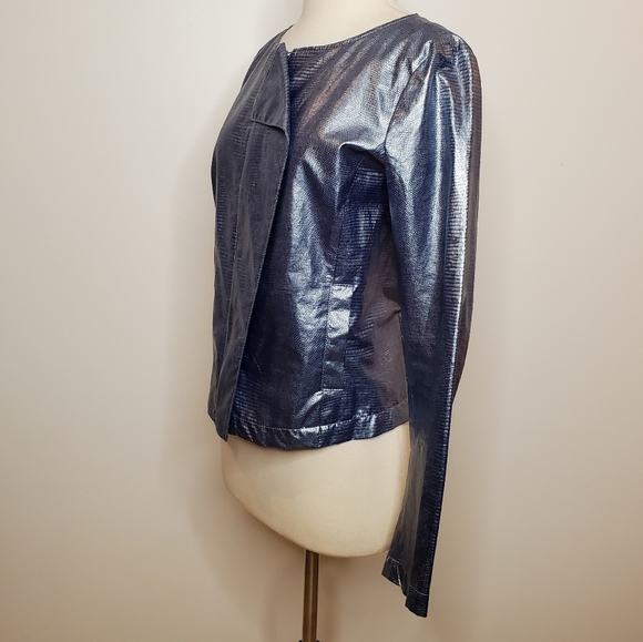 Vintage Emporio Armani Metallic Blue Embossed Jacket Hidden Zip Size 10 - Picture 6 of 13